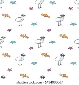 Colorful seamless pattern with cute animals and summer beach. Vector background in doodle style.