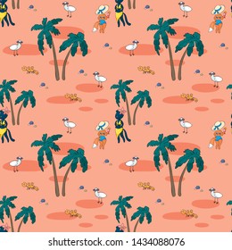 Colorful seamless pattern with cute animals and summer beach. Vector background in doodle style.