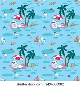 Colorful seamless pattern with cute animals and summer beach. Vector background in doodle style.