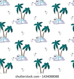 Colorful seamless pattern with cute animals and summer beach. Vector background in doodle style.