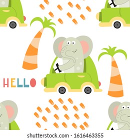 Colorful seamless pattern with cute animals and cars. Vector Illustration. Great for baby clothes, greeting card, wrapping paper. Elephant in green auto.