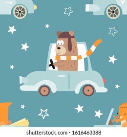 Colorful seamless pattern with cute animals and cars. Vector Illustration. Great for baby clothes, greeting card, wrapping paper. Bear in blue auto, fox in cabriolet.
