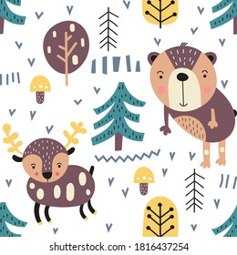 Colorful seamless pattern with cute animals - bear, bears, deer in forest. Vector. Kids illustration for nursery. Perfect for baby clothes, greeting card, wrapping. Pattern is cut, no clipping mask.