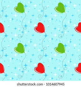 Colorful seamless pattern of cute balloons on a blue background. Simple flat vector illustration. For the design of paper wallpapers, fabric, wrapping paper, covers, web sites