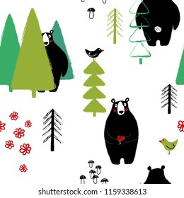 Colorful seamless pattern with cute bear in the forest. Hand drawn grunge brush background. 