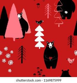 Colorful seamless pattern with cute bear in the forest. Hand drawn grunge brush background. 