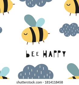 Colorful seamless pattern with cute bee in Scandinavian style. Vector Illustration. Great for baby clothes, greeting card, wrapping paper. Pattern is cut, no clipping mask.