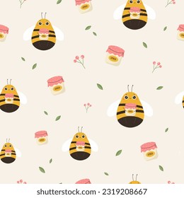 Colorful seamless pattern with cute bees and honey jars. Cartoon illustrations for clothes, print, wallpaper, gift wrap