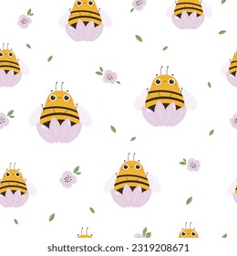 Colorful seamless pattern with cute bees characters. Cartoon illustrations for clothes, print, wallpaper, gift wrap