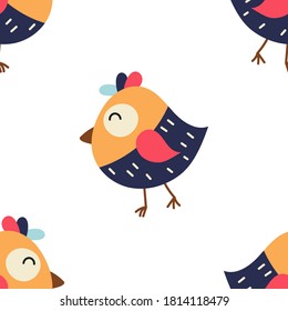 Farbiges, nahtloses Muster mit süßem Vogel im skandinavischen Stil. Vektorgrafik. Ideal für Babybekleidung, Grußkarte, Verpackungspapier. Das Muster wird geschnitten, keine Schnittmaske.