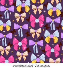 Patrón inconsútil colorido con los lazos lindos en estilo dibujado a mano. Cintas de moda. Diseño de patrón repetido perfecto para imprimir, tarjetas, Anuncios, papel de embalaje, tela