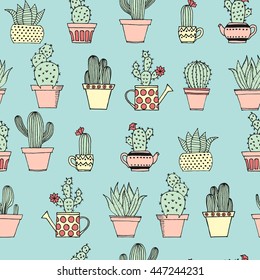 Colorful seamless pattern with cute cactus in simple hand drawn style. Cute cartoon potted cacti pattern. Decorative houseplants. Vector illustration.