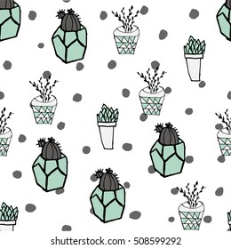 Colorful seamless pattern with cute cactus in simple hand drawn style. Cute cartoon potted cacti pattern.Vector illustration.