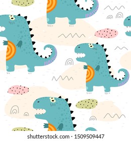 Colorful seamless pattern with cute cartoon dinosaurs, decorative elements. vector. theme for children. Design for fabric, print, textile, wrapping paper.