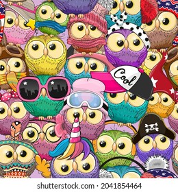 Colorful Seamless Pattern with cute cartoon owls