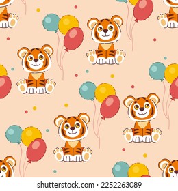 Colorful seamless pattern with cute cartoon tiger cub with balloon in flat style. Endless texture for fabric, baby clothes, background, textile, wallpaper. Vector illustration.