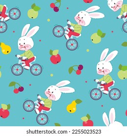 Colorful seamless pattern with cute cartoon bunny riding bicycle in flat style. Endless texture for fabric, baby clothes, background, textile, wallpaper. Vector illustration with fruits.