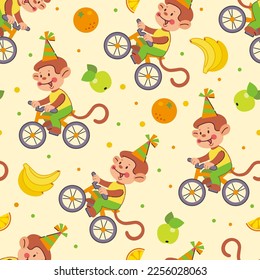 Colorful seamless pattern with cute cartoon monkey riding bicycle in flat style. Endless texture for fabric, baby clothes, background, textile, wallpaper. Vector illustration with tropical fruits.