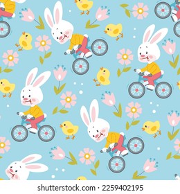 Colorful seamless pattern with cute cartoon chickens and bunny riding bicycle in flat style. Endless texture for fabric, baby clothes, background, textile, wallpaper. Vector illustration with flowers.