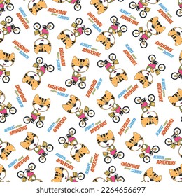 Colorful seamless pattern with cute cartoon teddy bear riding bicycle . Endless texture for fabric, baby clothes, background, textile, wallpaper and other decoration.