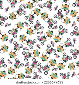 Patrón ininterrumpido colorido con tigre de dibujos animados montando en bicicleta . Textura sin fin para tela, ropa de bebé, fondo, textil, papel pintado y otra decoración.
