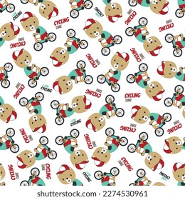 Colorful seamless pattern with cute cartoon bear riding bicycle . Endless texture for fabric, baby clothes, background, textile, wallpaper and other decoration.