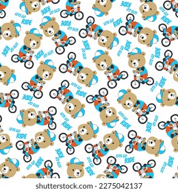 Colorful seamless pattern with cute cartoon bear riding bicycle . Endless texture for fabric, baby clothes, background, textile, wallpaper and other decoration.