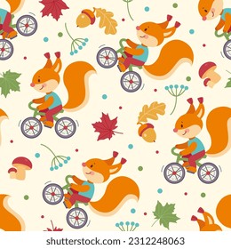 Colorful seamless pattern with cute cartoon squirrel riding bicycle in flat style. Endless texture for fabric, clothes, background, textile, wallpaper. Vector illustration with mushroom, acorn, leaves