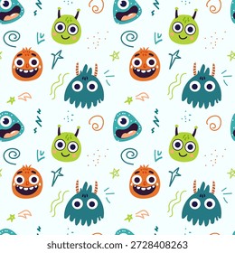 Colorful seamless pattern with cute cartoon monsters and playful doodles. Fun flat vector design perfect for kids textiles, wallpapers, wrapping paper, apps, games, stickers and cheerful branding