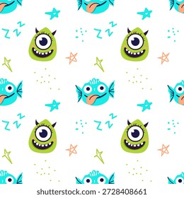 Colorful seamless pattern with cute cartoon monsters and playful doodles. Fun flat vector design perfect for kids textiles, wallpapers, wrapping paper, apps, games, stickers and cheerful branding