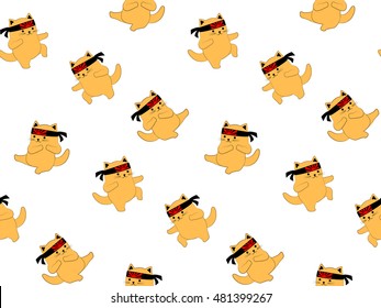 Colorful seamless pattern. Cute cartoon cats practice karate kicks. 