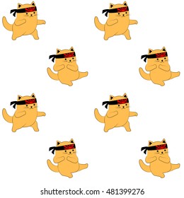 Colorful seamless pattern. Cute cartoon cats practice karate kicks. 