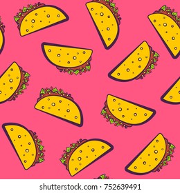 Colorful seamless pattern with cute cartoon mexican taco on pink background. Comic flat girlish pop art tacos texture for fast food textile, wrapping paper, package, restaurant or cafe menu banners.