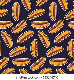 Colorful seamless pattern with cute cartoon outline sticker american hot dog on dark background. Comic pop art hotdogs texture for fast food textile, wrapping paper, package, banners