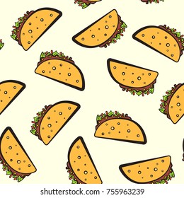 Colorful seamless pattern with cute cartoon mexican taco. Flat pop art tacos texture for fast food textile, wrapping paper, package, cover, restaurant or cafe menu banners
