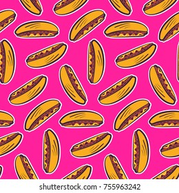 Colorful seamless pattern with cute cartoon american hot dog stickers on bright pink background. Comic flat pop art girlish hotdogs texture for fast food textile, wrapping paper, package, banners
