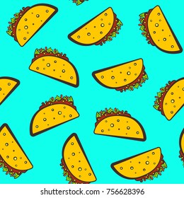 Colorful seamless pattern with cute cartoon mexican taco on blue background. Comic flat pop art tacos texture for fast food textile, wrapping paper, package, restaurant or cafe menu banners