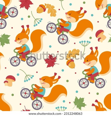 Colorful seamless pattern with cute cartoon squirrel riding bicycle in flat style. Endless texture for fabric, clothes, background, textile, wallpaper. Vector illustration with mushroom, acorn, leaves
