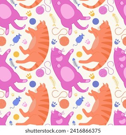 Colorful seamless pattern with cute cats and decorative elements. Hand-drawn vector illustration. Flat style