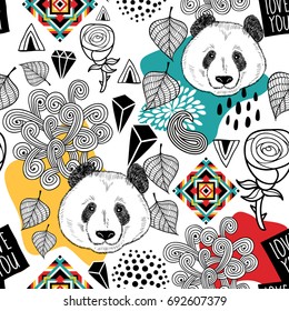 Patrón inconsútil colorido con el oso chino lindo.  Fondo sin fin con panda. Ilustración vectorial para niños y adultos.