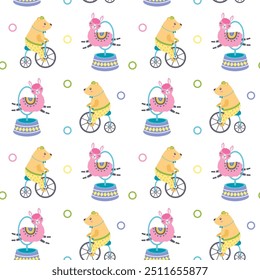 colorful seamless pattern with cute circus bear and llama in flat style