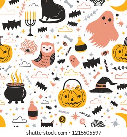 Colorful seamless pattern with cute creepy Halloween characters and decorations on white background - ghost, Jack-o'-lantern, candies, magic witch hat and pot with potion. Flat vector illustration.