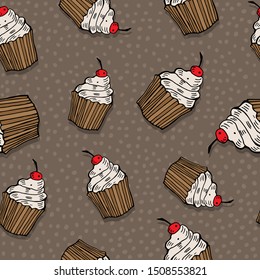 Colorful seamless pattern with cute cupcakes on a neutral background. vector. hand drawing