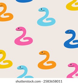 Colorful seamless pattern with cute different snakes. Design of children's products, wrapping paper, children's wallpaper.Vector illustration.