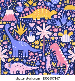 Colorful seamless pattern with cute dinosaurs, palms, and cactuses. Baby dinos in eggshell. Bright fabric background in childish style. Cartoon characters of Jurassic reptiles. Vector illustration