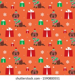 Colorful seamless pattern with cute dog in Christmas costume.Vector background.