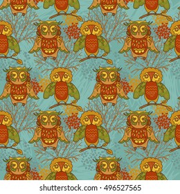 Colorful seamless pattern with cute doodle owls, vector illustration