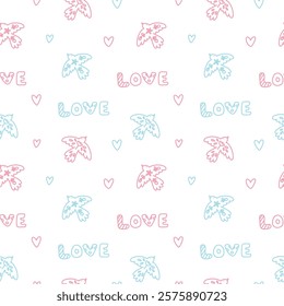 colorful seamless pattern with cute elements, birds and hearts for Valentine's day.