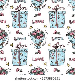 colorful seamless pattern with cute elements, gifts and flowers for Valentine's day.