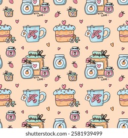 colorful seamless pattern with cute elements, cake and jams for Valentine's day.